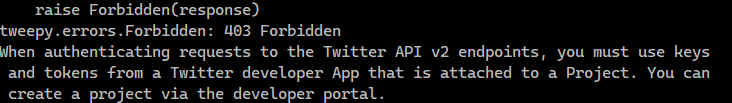 Server error reporting a lack of access to the Twitter API V2